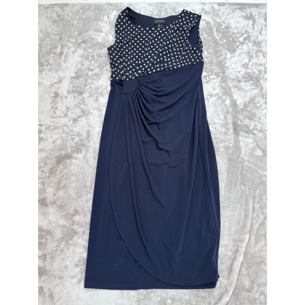 En Focus Studio Dress Womens 6 Navy Blue Tan Polka Dot Faux Wrap Stretch Midi